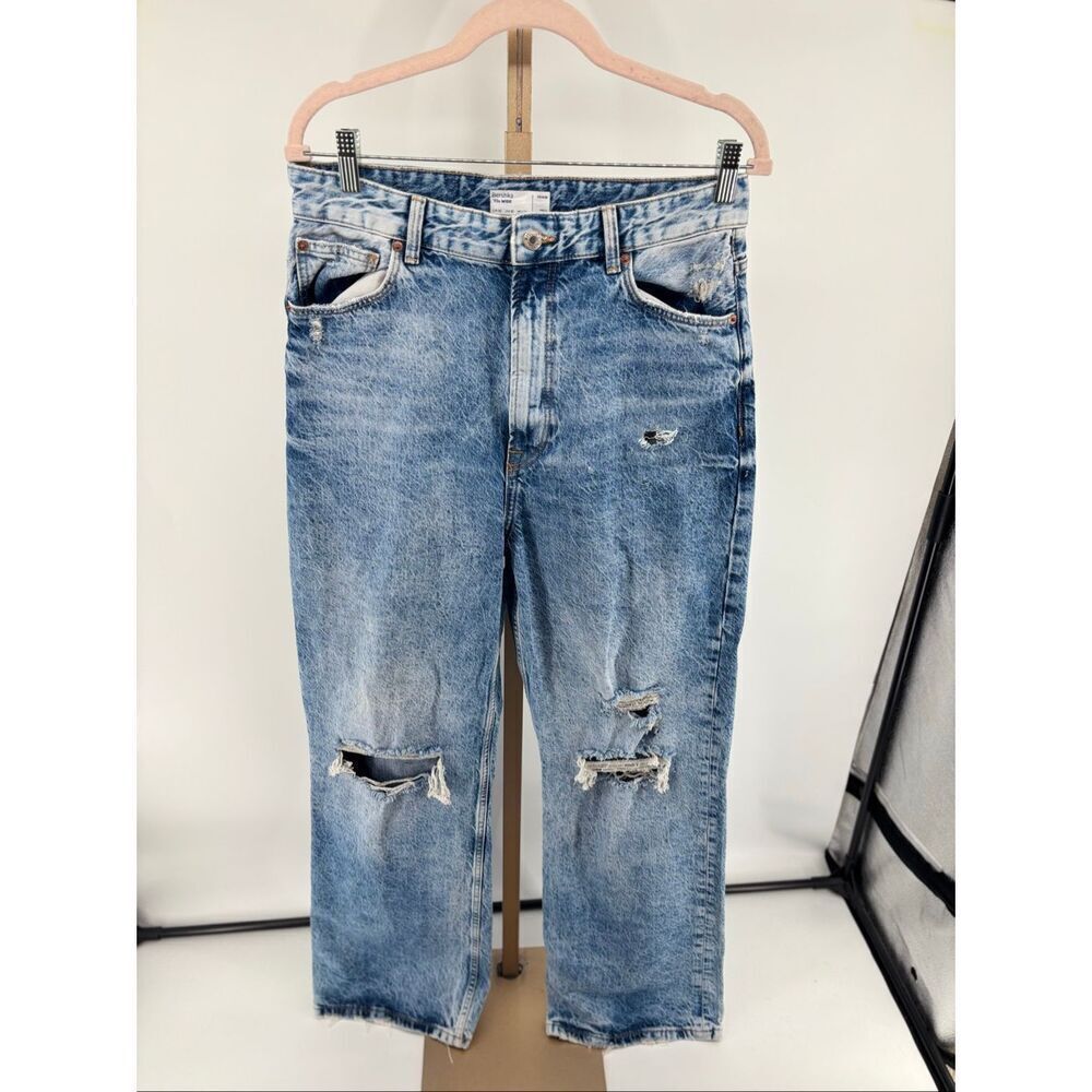 Bershka 90s Wide Leg Jeans Distressed Ripped Denim Women’s US 10